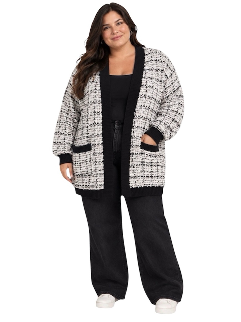 Almost Famous Black White Shimmery Plaid Tweed Open Front Cardigan Jacket Sz 2X